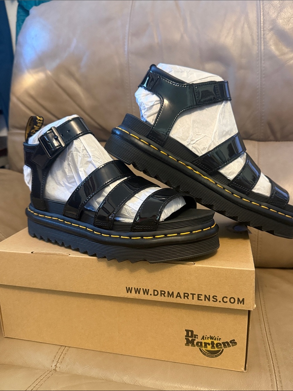 NEW Dr. Martens Black Patent Gladiator Sandals with Yellow Stitching size 8